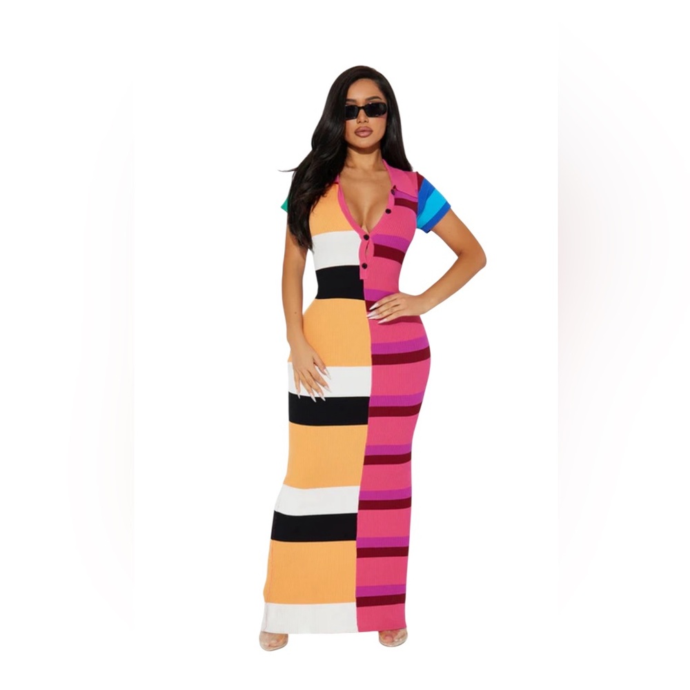 Colorful Striped Short Sleeve Fitted Ribbed  Maxi Dress Sz L Fashion Nova